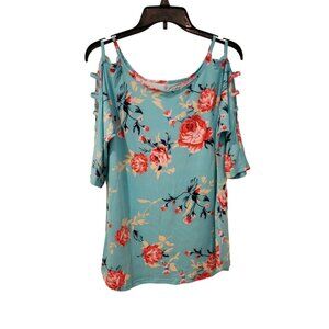 Tickled Teal Women's Regular Size Large Red Floral And Blue Cold Shoulder Blouse